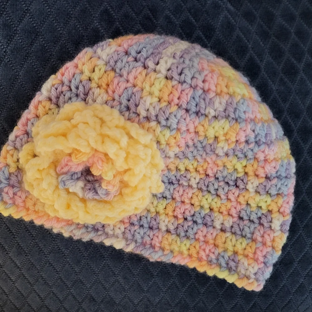 Hand knit pastel rainbow beenie